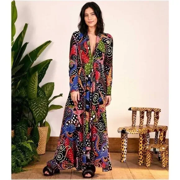 NWT Farm Rio Under The Sea Long Sleeve V-neck Plunge Ruffle Maxi Dress Small - Picture 2 of 15